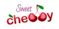 Typography, sweet cherry. Two cherry berries with a green leaf in 3D style Royalty Free Stock Photo